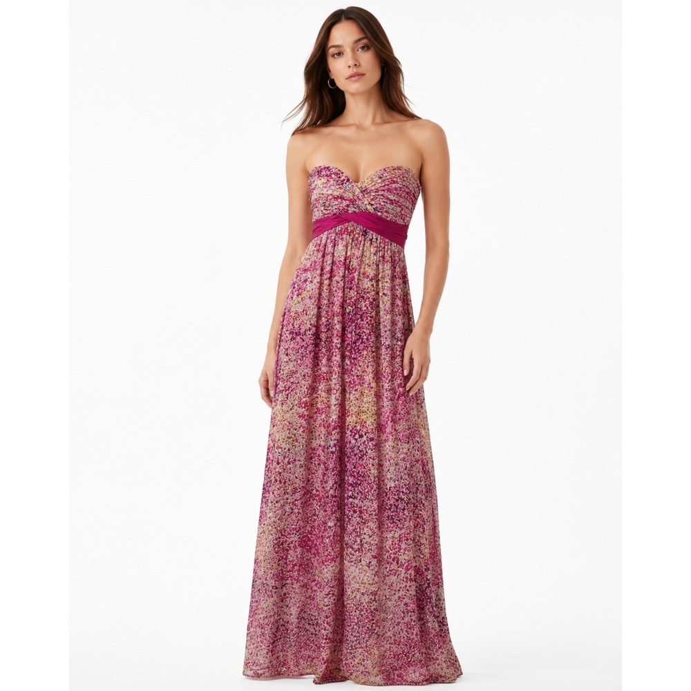 BCBGMAXAZRIA‎ Kai Strapless Silk Metallic Floral Maxi Dress Begonia Combo 2